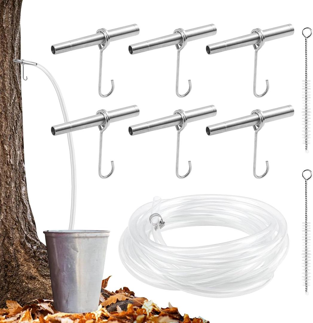 Maple Syrup Tapping Kit, 6 Stainless Steel Spiles with Hooks, 6M (19.69ft) PVC Tubing, 2 Spile Cleaning Brushes for Maple Tree Syrup Harvest
