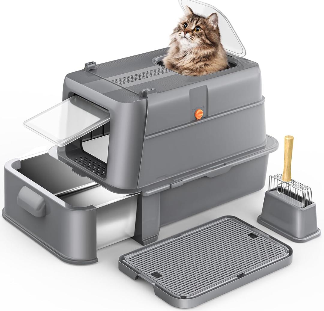 Enclosed Stainless Steel Cat Litter Box with LidXL Large Metal Cat Box with Drawer for Big Cats,Top Exit Kitty Litter Box Includes Scoop, Filter Pedal,Odor Control, Easy Cleaning (Dark Grey)
