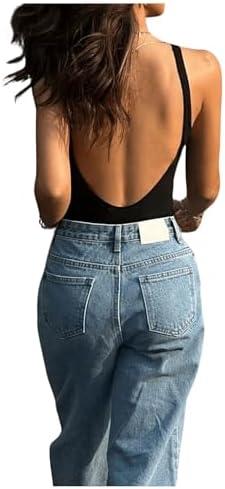 MakeMeChic Women's Sexy Square Neck Thong Bodysuit Open Back Cami Bodysuit Top XS