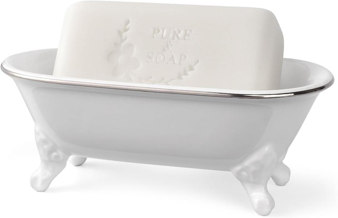 6.5" Ceramic Mini Decorative Clawfoot Bathtub Bar Soap Dish, Kitchen Sponge Holder and Shower Tray for Bathroom, 1 Pack (White Silver Rim)