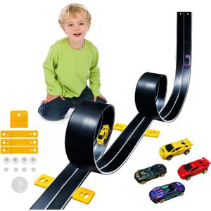 15 Ft Flexible Race Car Track for Kids,Flex Track Starter Set Compatible with Hot Wheels and Diecast 1/64th Cars,Portable Racetrack Roll Up Race Track with 4 Racecars and Suction Cups (Black)