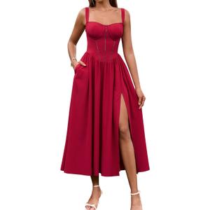 KUTUMAI Floral Corset Midi Dress Flowy Slit Summer Spring Wedding Guest Dresses for Women Sundress with Pockets ( M)