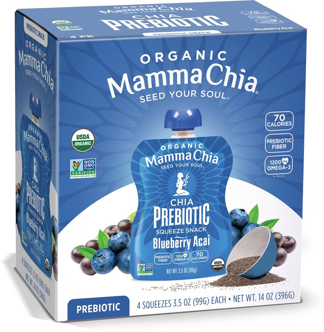 Mamma Chia Organic Prebiotic Squeeze Snack, Blueberry Acai, Fiber-Rich Prebiotic Gut Support, USDA Certified Organic, Non-GMO, Vegan, Gluten Free, 14 Ounce (Pack of 6) (EXP 08/12/27)