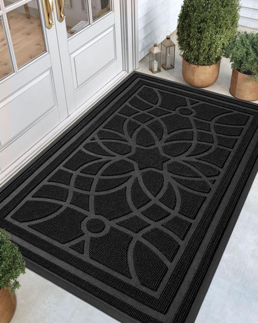 DEXI Front Door Mat Outside Entrance, Heavy Duty Non Slip Low Profile Doormat for Entryway, Trap Dirt and Moisture Welcome Mats, Easy Clean, Patio, Garage, 6x4, Black