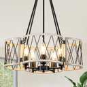 20.8'' Farmhouse Chandeliers for Dining Room, 5-Light Rustic Drum Chandelier, Vintage White Oak Metal Hanging Light Fixture, Industrial Pendant Lights for Living Room, Bedroom, Entryway, Foyer