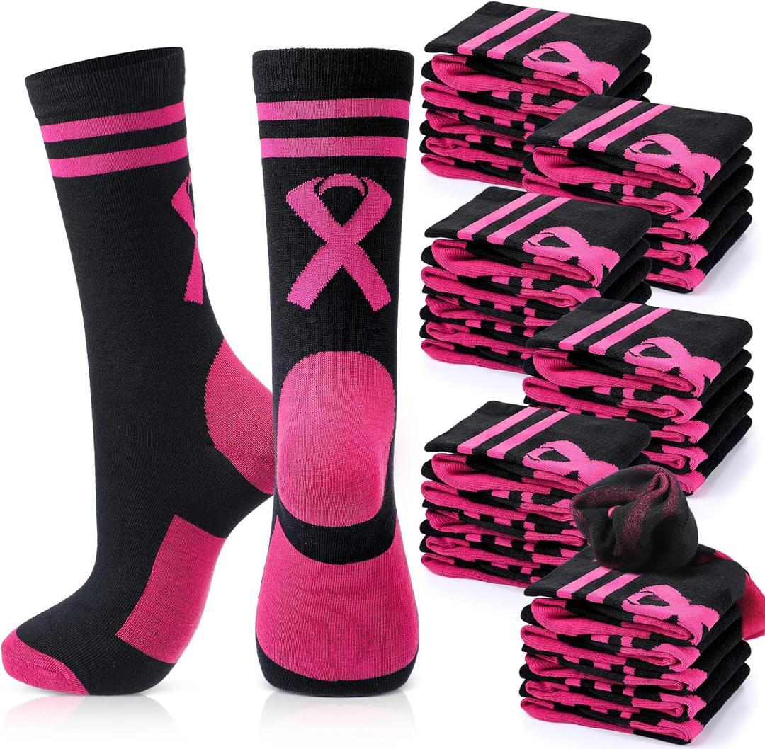 Haysandy 24 Pairs Breast Cancer Awareness Socks Bulk Soft Pink Ribbon Football Socks for Women Softball Volleyball Sport