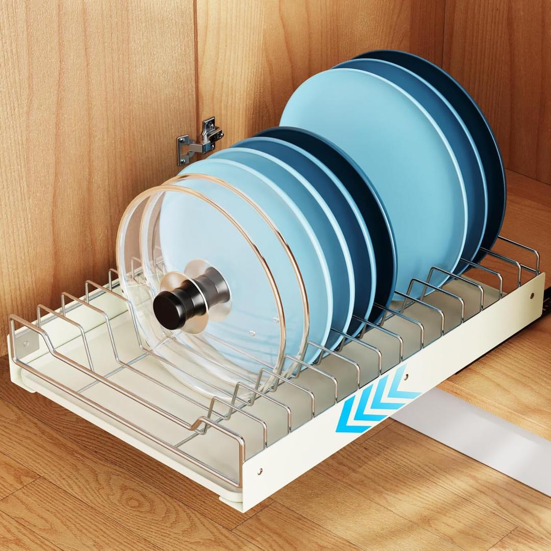 iSPECLE Plate Organizer - Peel & Stick Pot Lid Organizer, No-Drill Pull-Out Dish Rack, 13" Wide, 16.5" Deep (White)