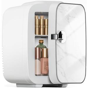 Sweetcrispy Mini Portable Small Refrigerator 4L/ 6 Can Cooler & Warmer Compact Fridge for Skincare, Marble Ivory