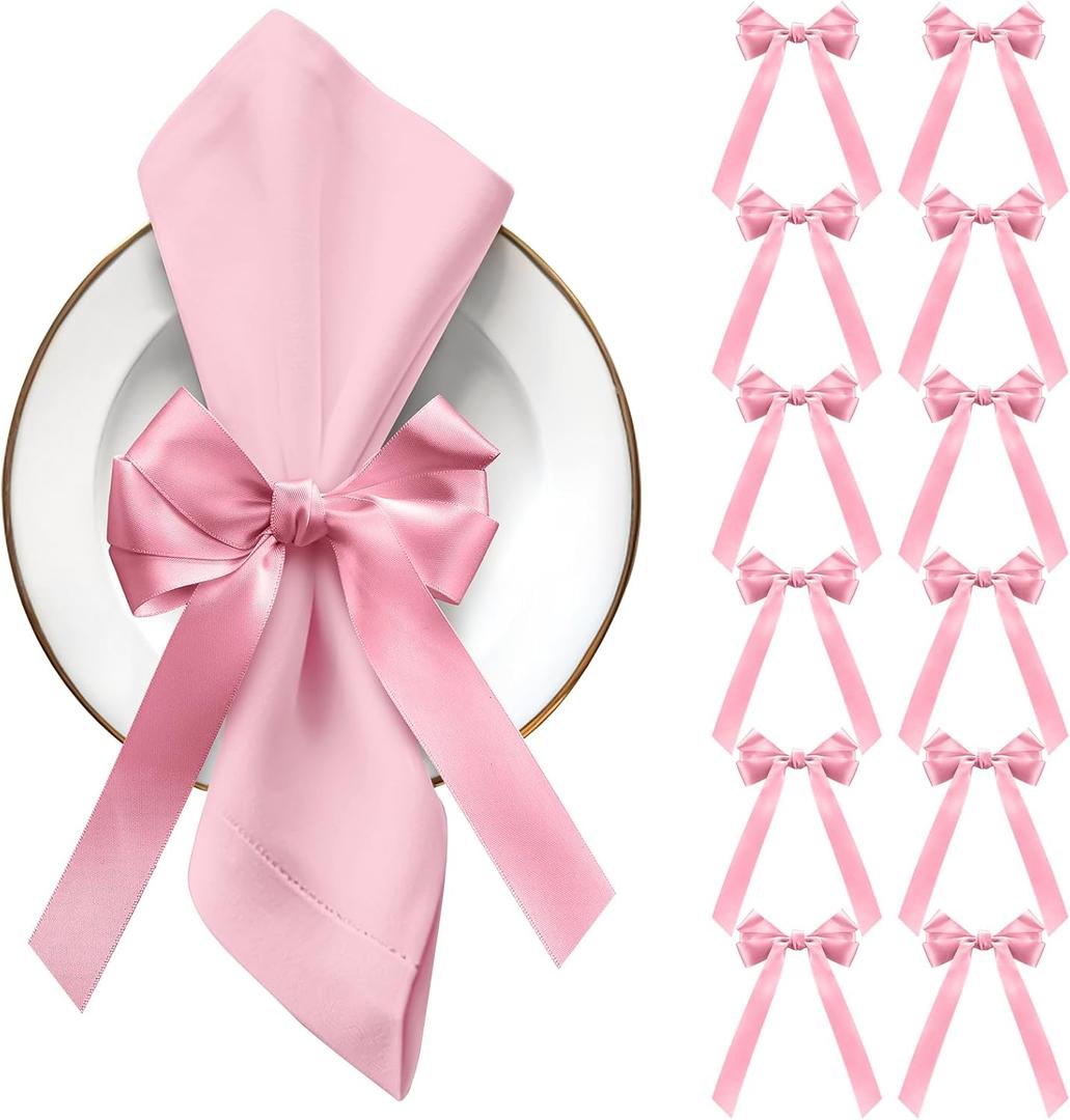 Pink Bow Napkin Rings Set of 12 Pink Ribbon Candlestick Decor Charms Coquette Bow for Wine Glasses Ribbon Gift Rings Bulk for Candle Holder Wedding Birthday Party Bridal Shower Wrapping