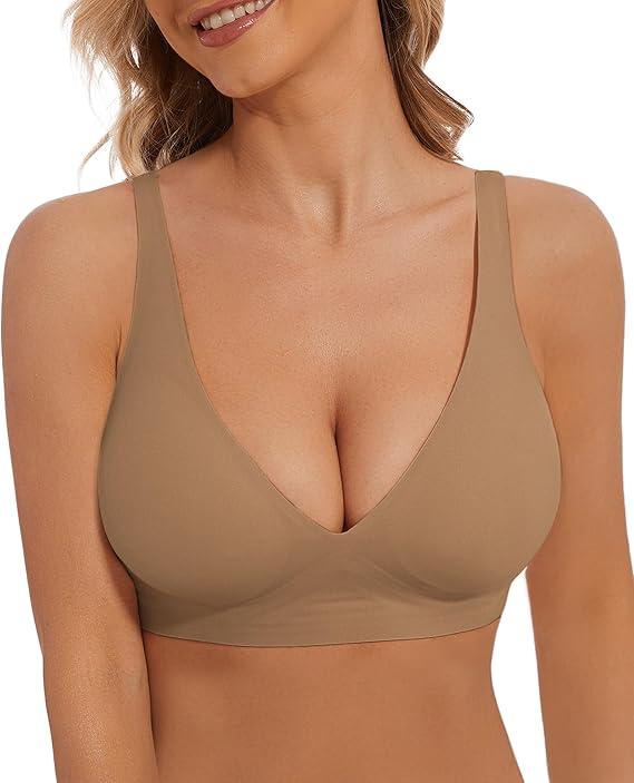 Deep V Bra Low Cut Sexy Push Up Bralettes for Women Padded Comfy Smoothing Wireless Lifting Bras Seamless Bralette (Medium, Brown)
