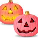Retisee 2 Pack Plastic Jack O Lantern Pumpkins Pink Halloween Light up Pumpkin Decorations Battery Operated with Spooky Face for Halloween Indoor Outdoor Party Favor Gift Tabletop Decorations