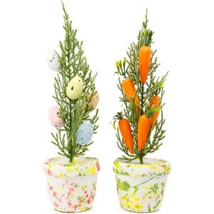 2 x Small Decorative Easter Trees, Foam Carrot and Egg Details, Seasonal Springtime Home Accessories, 10.5 Inches (Pack of 2)