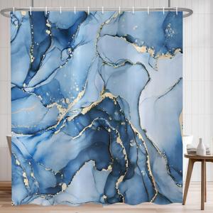 Blue Marble Shower Curtain, Modern Abstract Luxury Blue Gold Ink Texture Watercolor Art Bathroom Curtains Ombre Machine Washable Waterproof Fabric Bathtub Curtain Set with Hooks 72" Wx72 L
