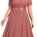 MISSMAY Women's Plus Size Lace Contrast Chiffon V Neck Flowy Cocktail Wedding Guest Midi Dress, 2XL