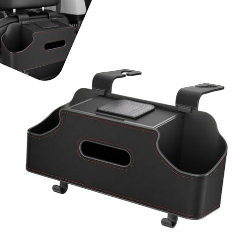 GRANDI 1 PC Backseat Organizer with Dual Cup Holder, Multi-function Tissue Hanging Box and 2 Hooks, Extra Rear Seat Road Trip Storage Accessories, Universal for Most Cars, Trucks, SUVs (Black)