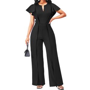 sexycherry Formal Jumpsuit for Women Dressy Elegant Long Straight Pants Jumpsuits for Party Club with Zipper (Black/Ruffle) XL
