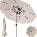 9FT Patio Umbrella with Solar Lights,Outdoor Market Umbrella with Tilt and Crank, LED Lighted Table Umbrella for Garden,Deck,Backyard,Pool,Beach (Beige)