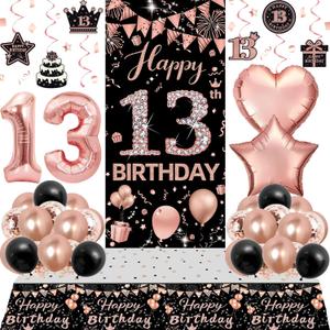 13th Birthday Decorations for Girls, Happy 13th Birthday Decorations Girl Rose Gold and Black, 13 Year Old Girl Birthday Decorations, 13 Balloon Numbers 13th Birthday Banner Door Backdrop Tablecover