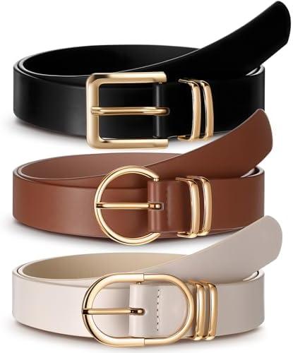 Chicingyou 3 Pack Women's Leather Belts for Jeans Pants Dresses Ladies Waist Belt with Fashion Gold Buckle