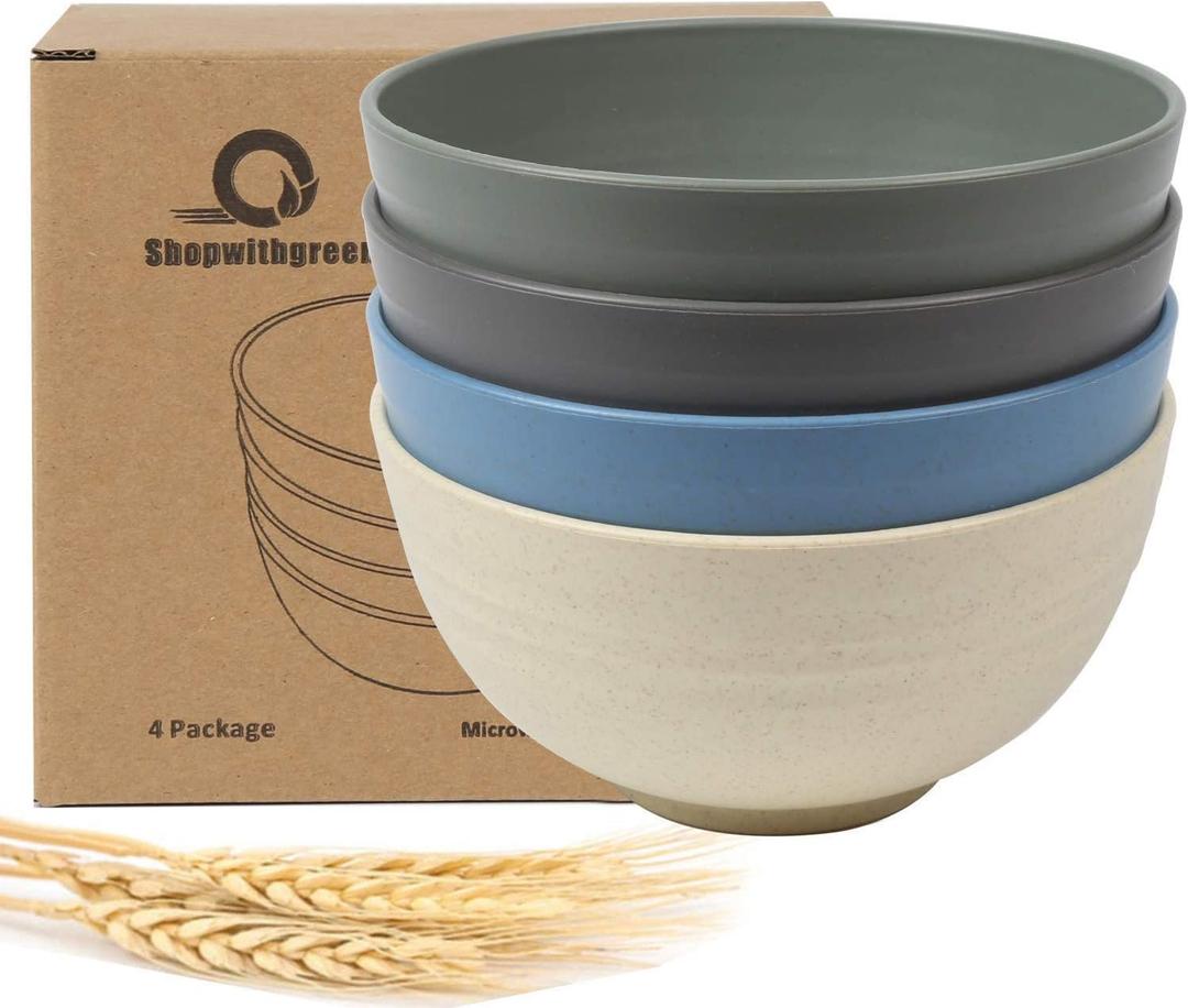 Wheat Straw Cereal Bowls, Reusable Bowls for Kitchen, Plastic Bowl Set of 4, Microwave and Dishwasher Safe Bowls for Salad, Soup, Oatmeal, Ramen, Camping, Kids, College Dorm, 26 OZ, Coastal Color