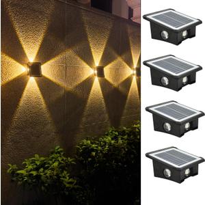 Solar Outdoor Lights, Up and Down Lighting, Waterproof IP65, Fence Light for Yard, Garden, Garage, Pools, Deck (4LED-Warm Light, 4PACK)