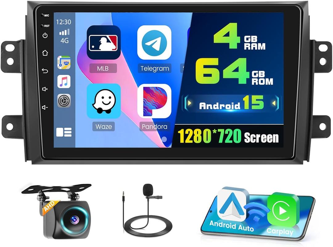 4+64G Android 15 Car Stereo for Suzuki SX4 2006-2013,9 inch IPS 1280 * 720 Touch Screen Radio Wireless Apple Carplay Android Auto DSP 5G WiFi Bluetooth GPS FM RDS+Free AHD Backup Camera
