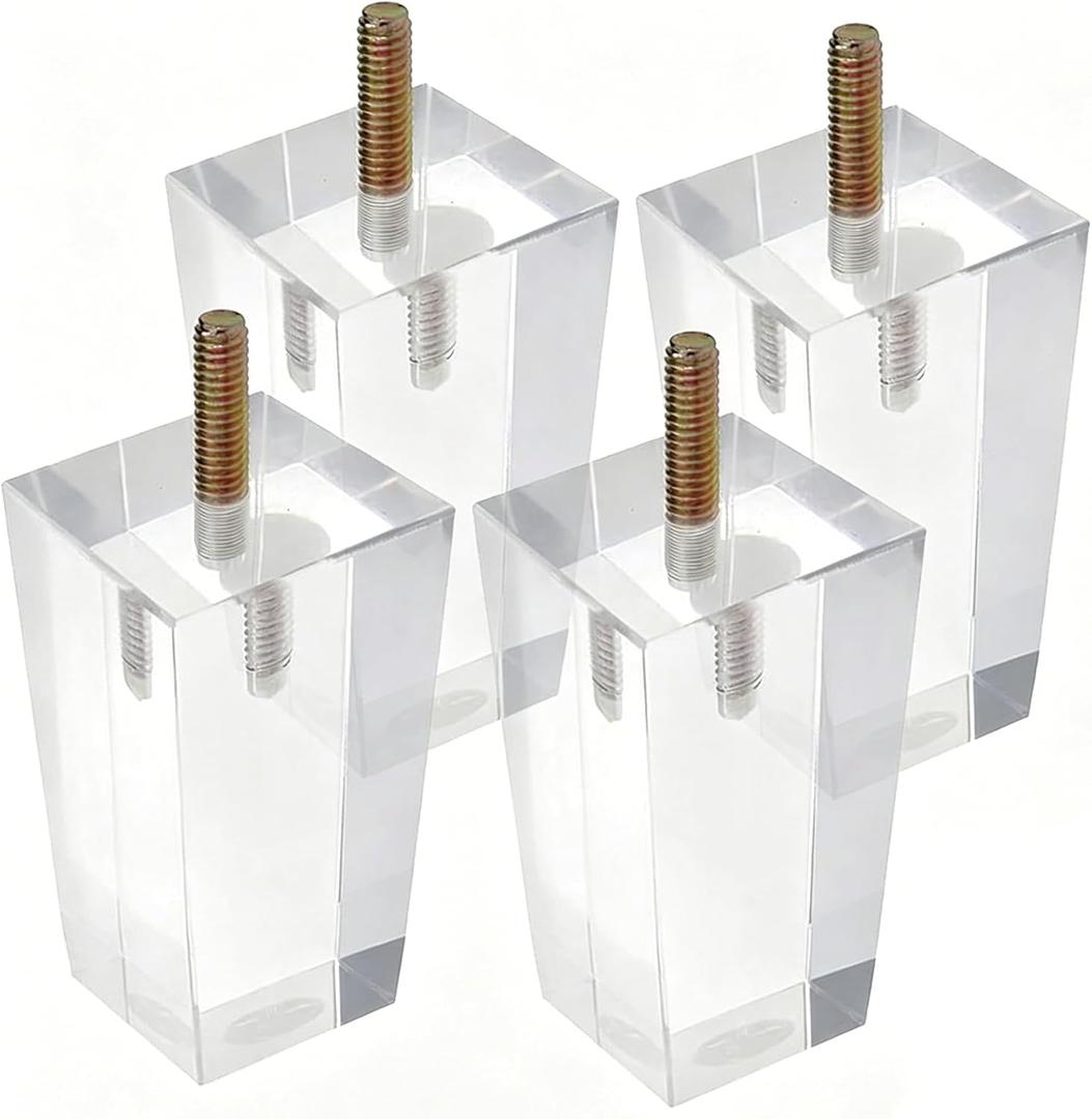 LC LICTOP Clear Acrylic Couch Legs 4 Pcs, 4 Inch Height & 2 Inch Width, M10 Mounting Bolt, Square Furniture Feet Riser Support for Table Chair Desk Cabinet, Transparent Sofa Foot