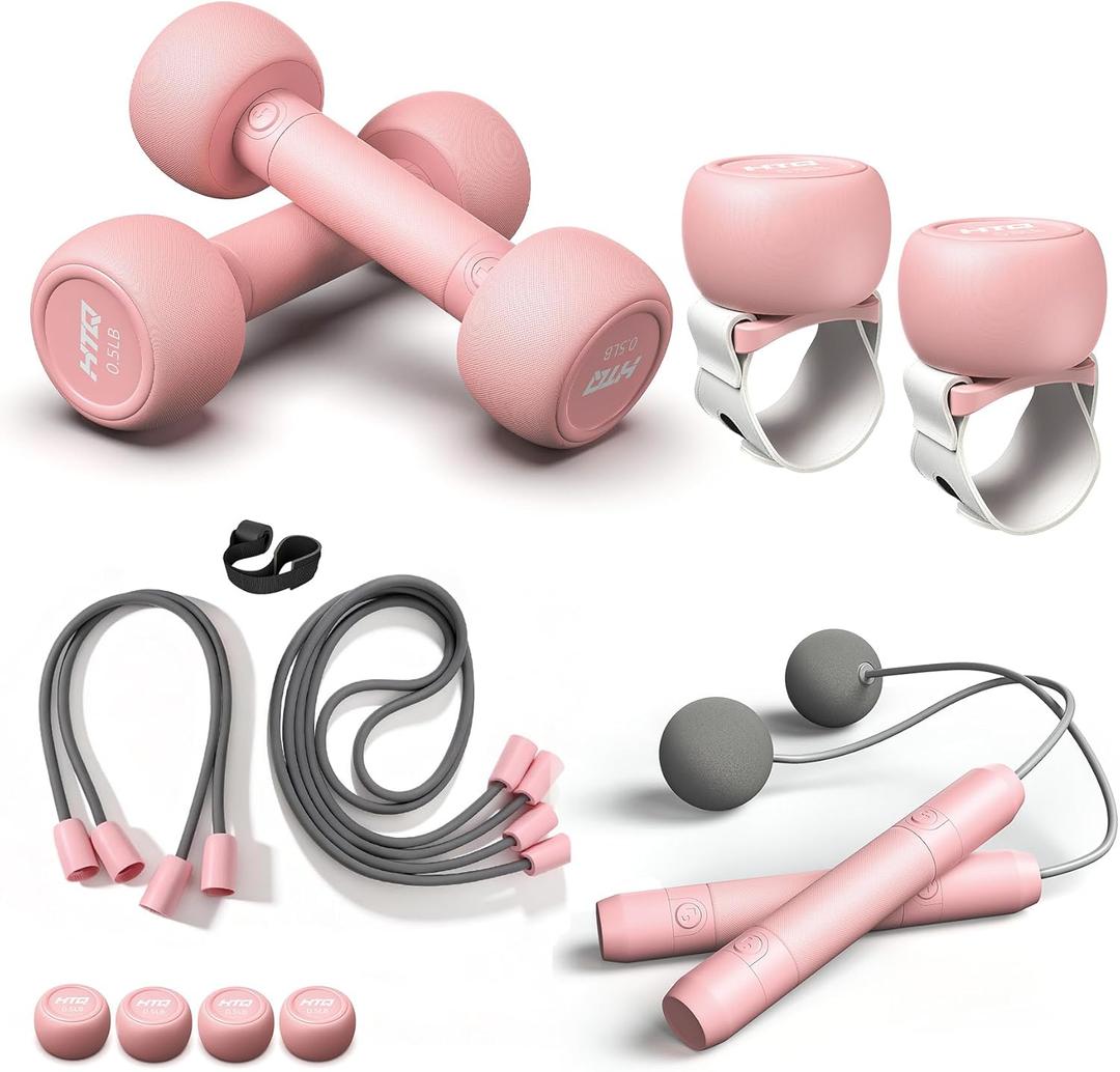 HTQ Adjustable Dumbbells, 4 in 1 Dumbbells Set Used as Barbell, Jump Rope, Wrist Weights, Resistance Band, Fitness Exercises for Home Gym Suitable for Women, Pink