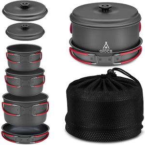 Alocs Camping Cookware Set Camping Gear, Compact Camping Pots and Pans Set, Durable Hard Alumina Camping Cooking Set for Outdoor Backpacking Camping Hiking Picnic, Included Mesh Carry Bag. (2.2L+1.2L+1L pot+7.5"pan)