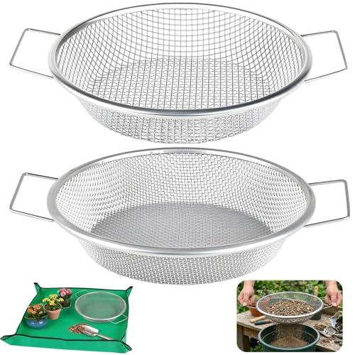 2PCS Soil Sifter for Gardening with Handle,Stainless Steel Rock Compost Soil Sifter for 5 Gallon Bucket,1/4in,1/8in Mesh Garden Sifting Screen Gravel Sawdust Vermicompost with Repotting Mat
