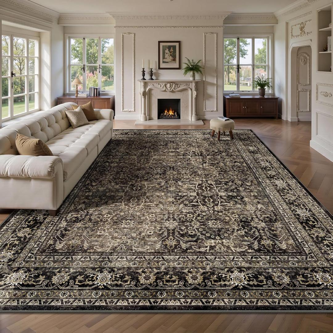 8x10 Area Rugs for Living Room - Washable Vintage Retro Large Rug, Soft Ultra Thin Non Slip Low Pile Traditional Distressed Boho Carpet for Bedroom Dining Room Home Office, Brown