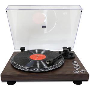Retro Vinyl Record Player, Fully‑Automatic Belt‑Driven Turntable with BT Wireless, 33/45 RPM Speeds, Auto‑Repeat Function, Hi‑Fi, Anti‑Skate, Dust Cover, Anti-Resonance, RCA Outputs, Brown