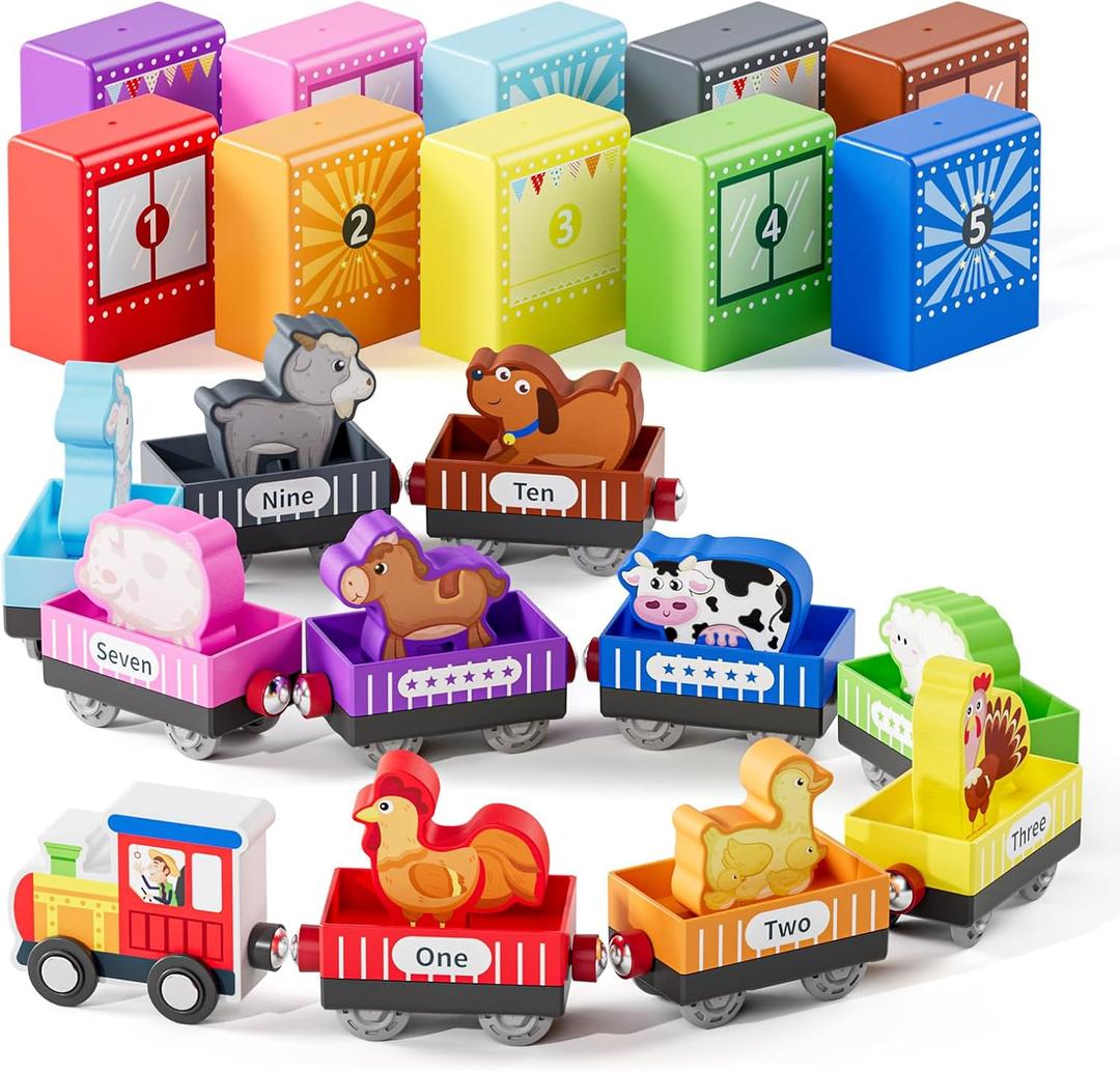 QODOFLR Wooden Animal Toy Train Set,Toddlers Toys for 1-3,Montessori Toys for ToddlersMagnetic Train Toys,Preschool Educational Learning Toy,Sensory Toys for Kids,Ideal Gifts Boys, Girls