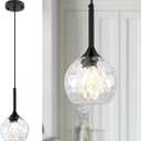 JHLBYL Glass Pendant Light fixtures, 6'' Kitchen Pendant Lights Black Pendant Light with Hammered Glass Pendant Lights Kitchen Island Over Sink Dining Room Foyer