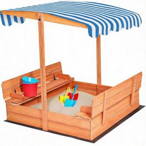 Kids Wooden Sandbox with Cover, Foldable Bench Seats, Retractable Roof, Outdoor Playset, Large Sand Pit with Lid (Natural Wood, Blue & White Striped Canopy, 48 Inch)