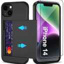 Pilaru for iPhone 14 Case with Card Holder2 Pcs HD Screen Protector i Phone 14 Case Slim Heavy Duty Dual Layer Shockproof DesignHidden Card Slot Wallet Case for iPhone 14 Phone Case -Black