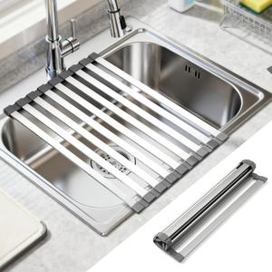 19" X 13" Roll Up Dish Drying RackOver The Sink Drying Rack 304 Stainless Steel Foldable Heat-Resistant Dishes Drainer for Kitchen and RV Sink Counter