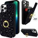 TopPerfekt Compatible with iPhone 13 Pro Max Wallet Case with Card Holder, 360Rotation Finger Ring Holder Kickstand Protective RFID Blocking PU Leather Pattern Double Buttons Flip Cover 6.7" Leopard