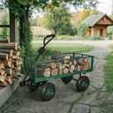 Backyard Expressions Heavy Duty 600 Lbs Capacity Mesh Steel Garden Cart Folding Utility Wagon with Removable Sides and (4) 10 Inch Wheels (Green)