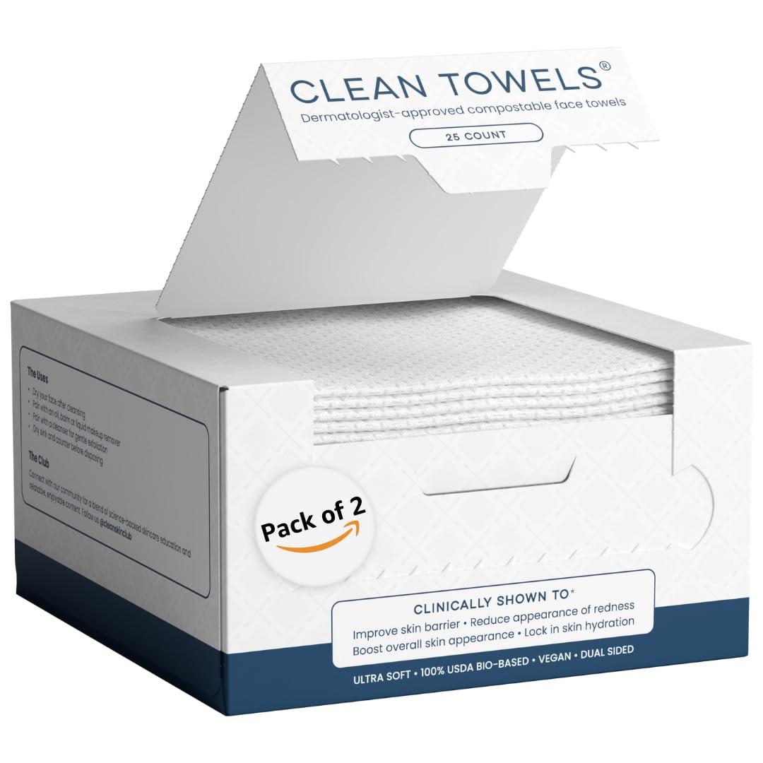 Clean Skin Club Clean Towels, 100% USDA Biobased Face Towel, Disposable Face Towelette, Eczema Association Accepted, Makeup Remover Dry Wipes, Ultra Soft, 25 ct per pack, 2 Packs, 50 Ct Total