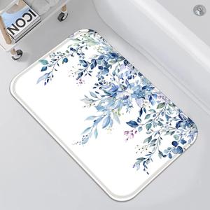 Blue Eucalyptus Small Bathroom Rugs Mat Watercolor Plant Leaves with Floral Bath Rug 24 x 16 in Water Absorbent Non Slip Washable Shower Mat Memory Foam Bath Mats for Bathroom Decor