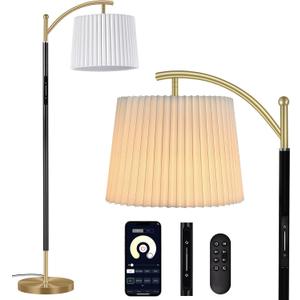 Floor Lamp, LED Floor Lamp with APP & Remote & Touch Control, Stepless Color Temperatures and Brightness, Tall Standing Lamp with Pleated Lampshade for Living Room, Bedroom, Office(Black Gold)