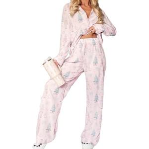 Faretumiya Women Silk Satin Christmas Pajamas Xmas Long Sleeve Sleepwear Holiday Print Two Piece Pjs Pants Set Small