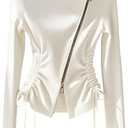 SOLY HUX Women's Zip Up T Shirt Asymmetrical Neck Long Sleeve Drawstring Tee Slim Fitted Tops Fall Clothes Pure White Small
