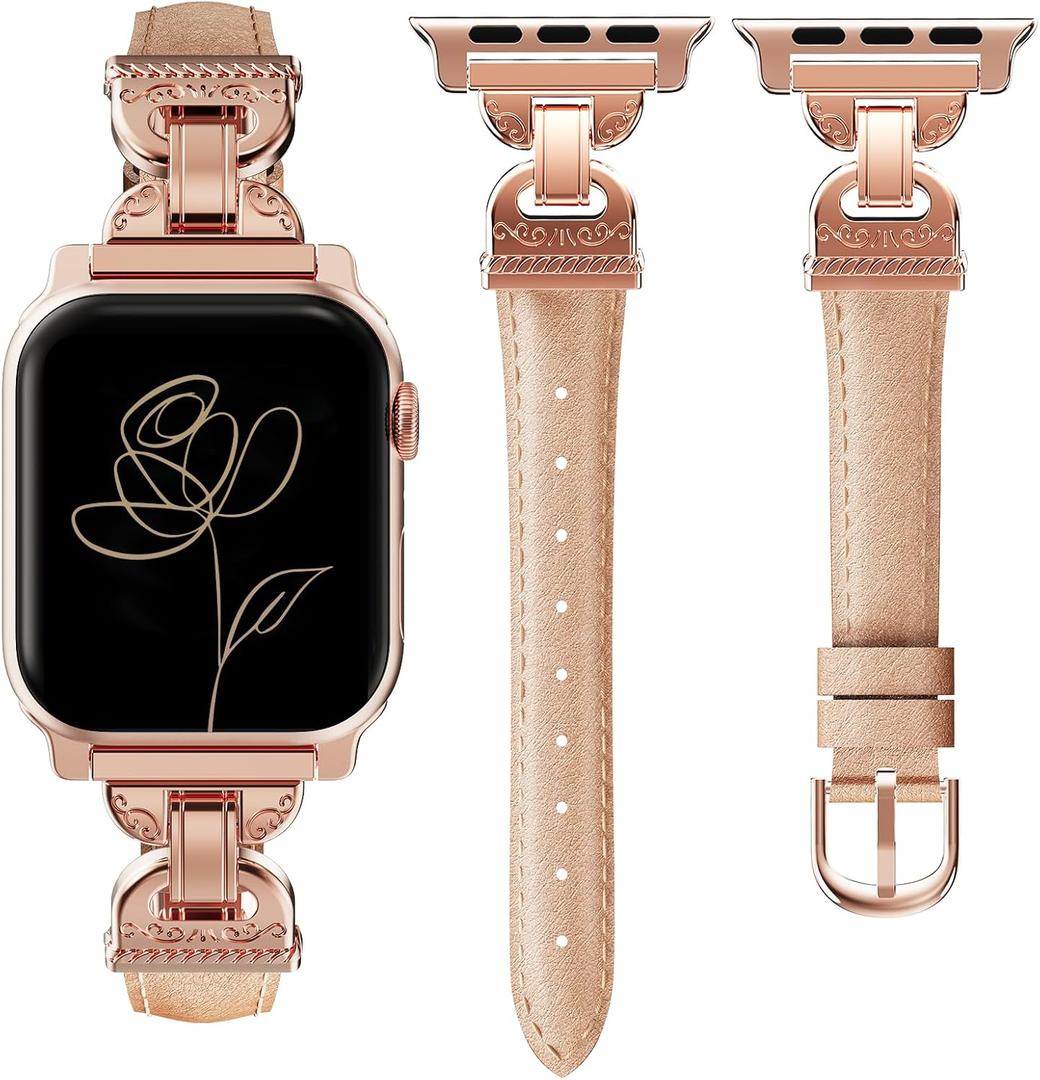 Slim Leather Band Compatible with Apple Watch Bands Women 38/40/41/42mm Dressy Slim Leather Strap with Designer Interlock Buckle Bracelet for iWatch Series 10/9/SE/8/7/6/5/4/3/2/1 Rose Gold