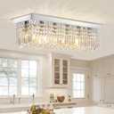 Modern Crystal Chandeliers for Dining Room Light Fixture, 6-Light Rectangle Chandelier Ceiling Light for Kitchen Island Living Room, L31.5 Inch, Chrome Finsh