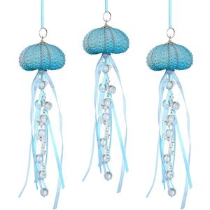 Sea Urchin Jellyfish Christmas Ornament Coastal Beaded Beach Theme Holiday Decorations Ocean Inspired Elegant Hanging Jellyfish Decorations with Crystal and Ribbons(Blue, 6 Pcs)