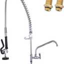 Commercial Kitchen Faucet Wall Mount with Pre-Rinse Sprayer 36" Height Wall Mount Kitchen Sink Faucet 8 Inch Center with 10" Add-on Swing Spout Faucet & Coiled Spring Pull Down Spray (Polished Chrome)