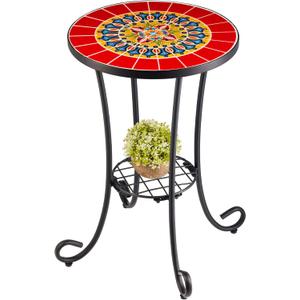 VONLUCE Patio Side Table and Plant Stand, 21" End Table with 14" Ceramic Tile Top for Porch Garden Decor, Indoor and Outdoor Mosaic Table, Living Room Bedroom Balcony Furniture for Home & Garden, Red