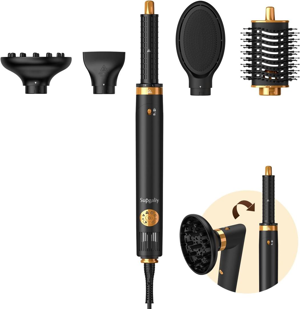 Air Styler 5 in 1, Hair Dryer Brush & Multi-Styler with 110,000 RPM High-Speed Powerful Motor, Auto-Wrap Curler, Cushion Massager, Oval Brush, Diffuser, Nozzle Attachment (Premium Black)